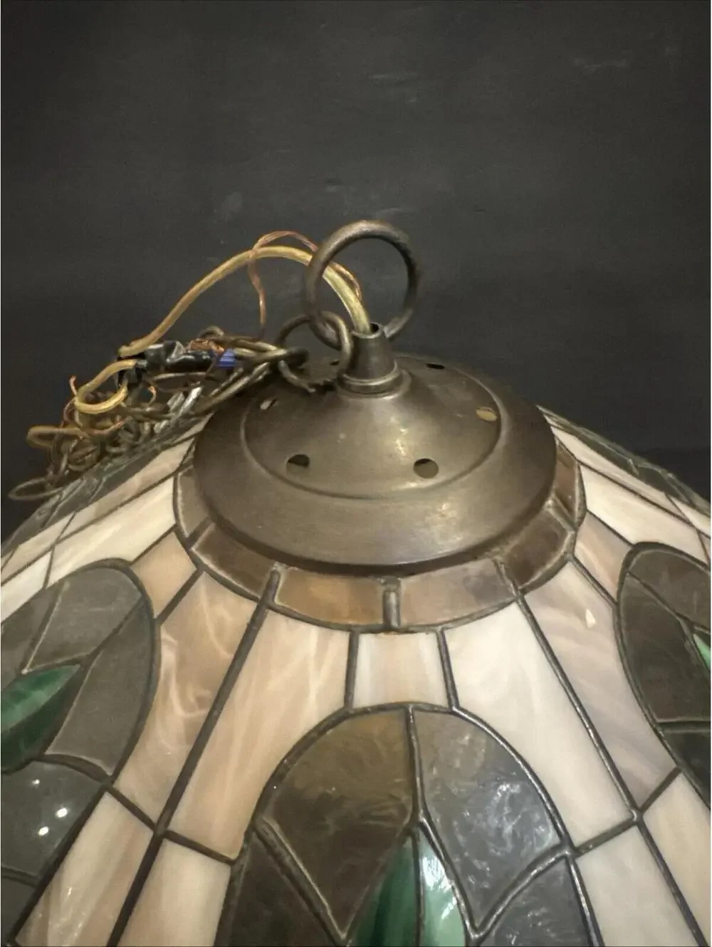 Vintage Tiffany Style 21”  Leaded Glass Hanging Ceiling Chandelier With Lights